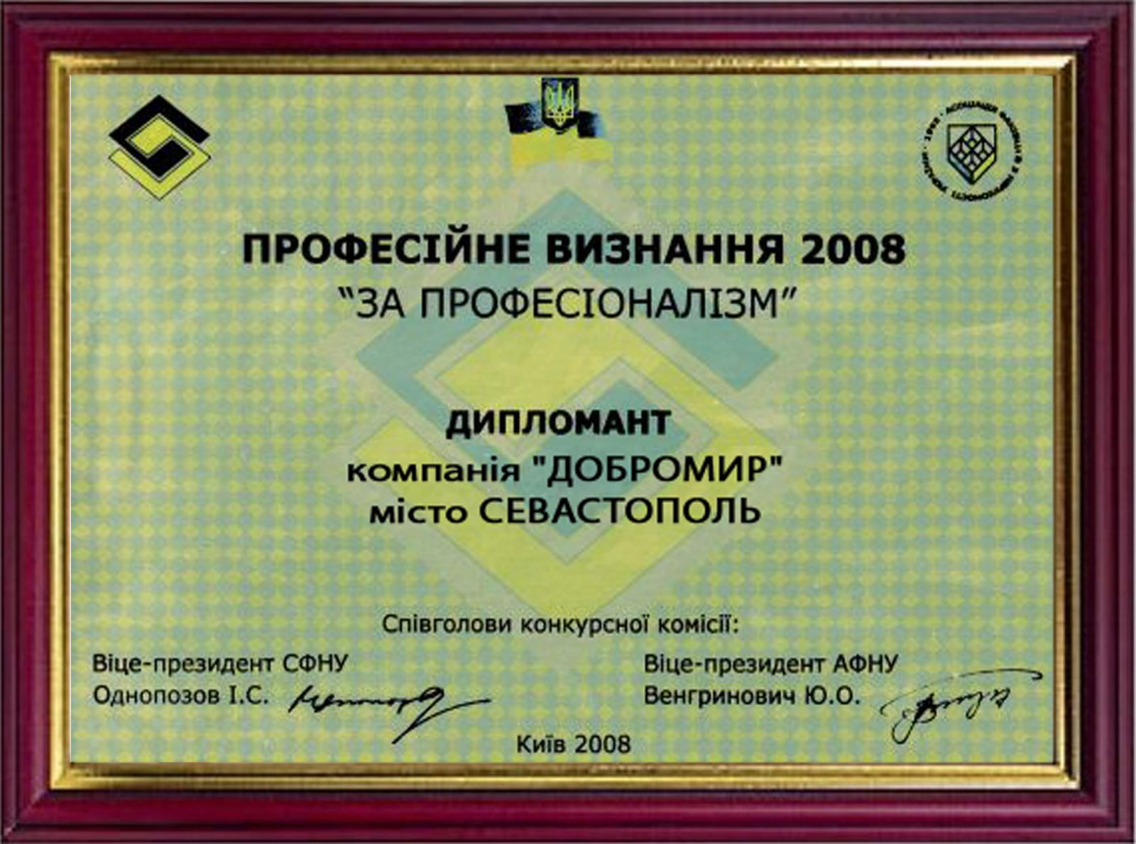 Дипломант профессиональное признание 2008 «За профессионализм»